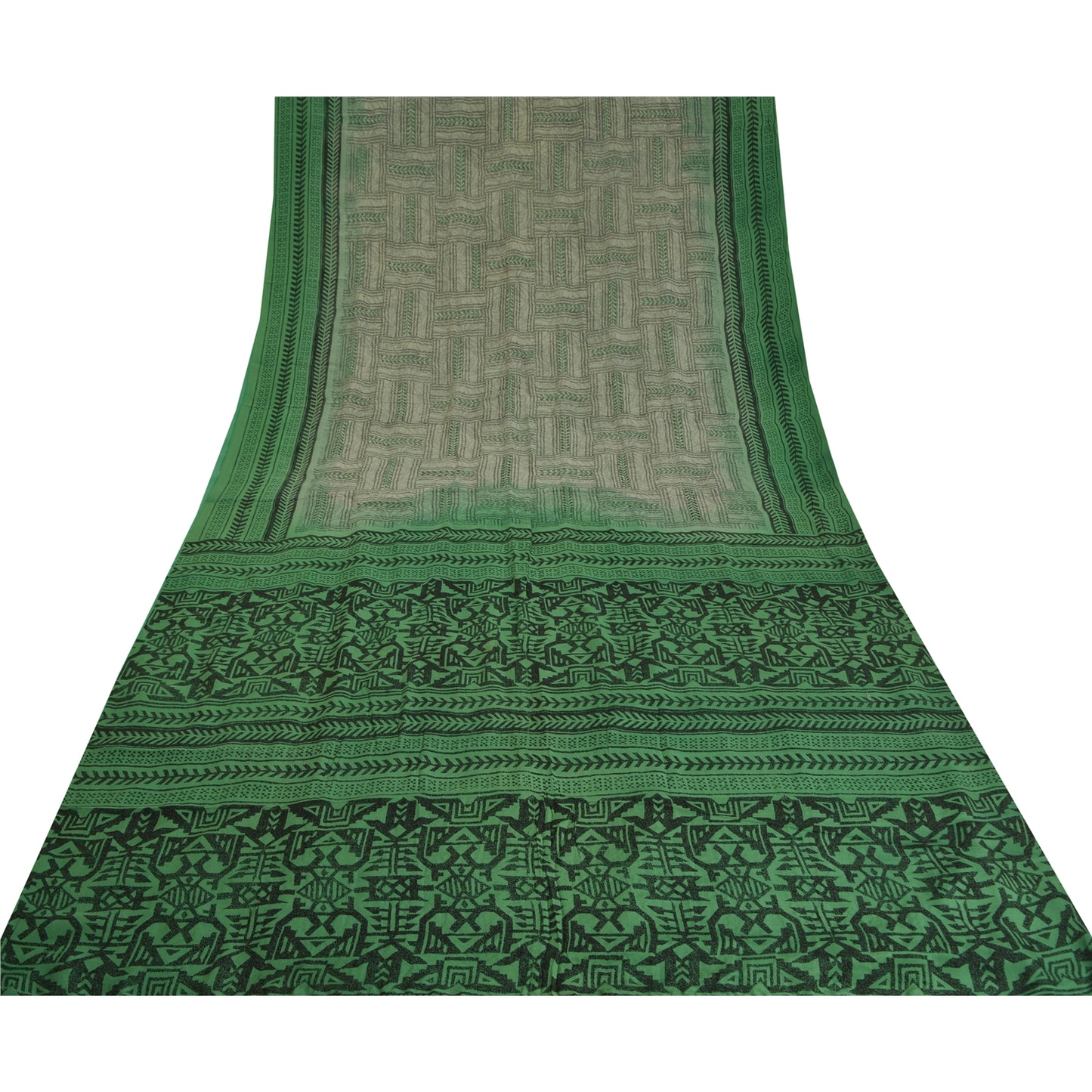 Sanskriti Vintage Sarees Gray/Green Pure Crepe Silk Printed Sari Craft Sustainable Fabric