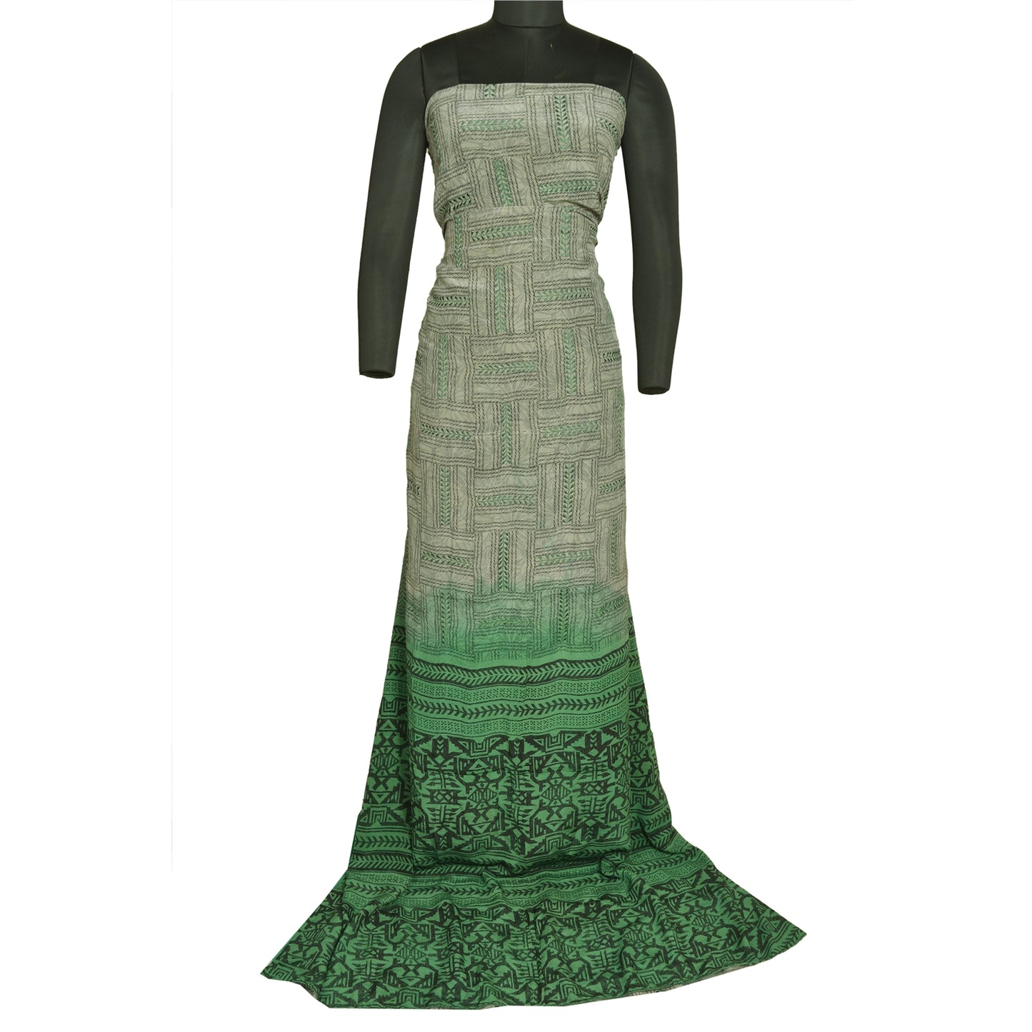 Sanskriti Vintage Sarees Gray/Green Pure Crepe Silk Printed Sari Craft Sustainable Fabric