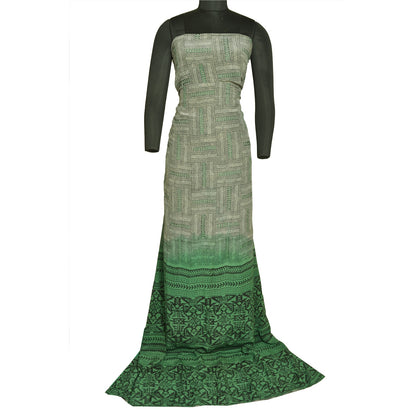 Sanskriti Vintage Sarees Gray/Green Pure Crepe Silk Printed Sari Craft Sustainable Fabric