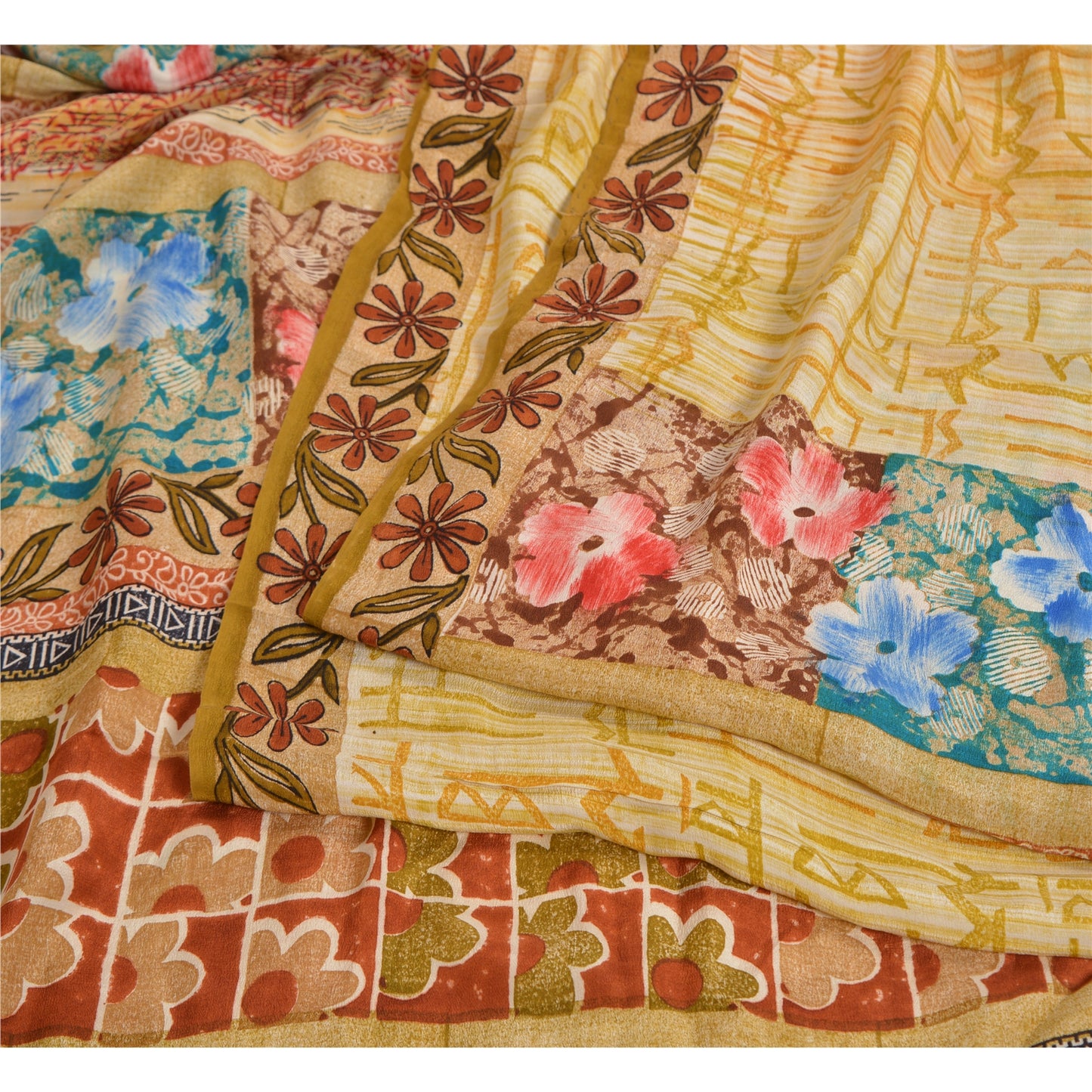 Sanskriti Vintage Sarees Indian Multi Pure Crepe Silk Printed Sari Craft Sustainable Fabric