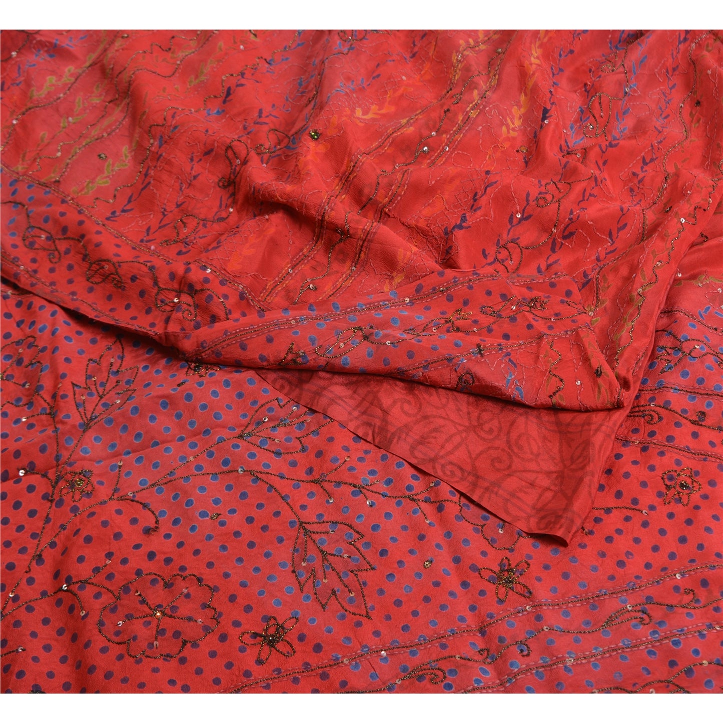 Sanskriti Vintage Sarees Red Hand Beaded Pure Crepe Silk Print Sari Craft Sustainable Fabric
