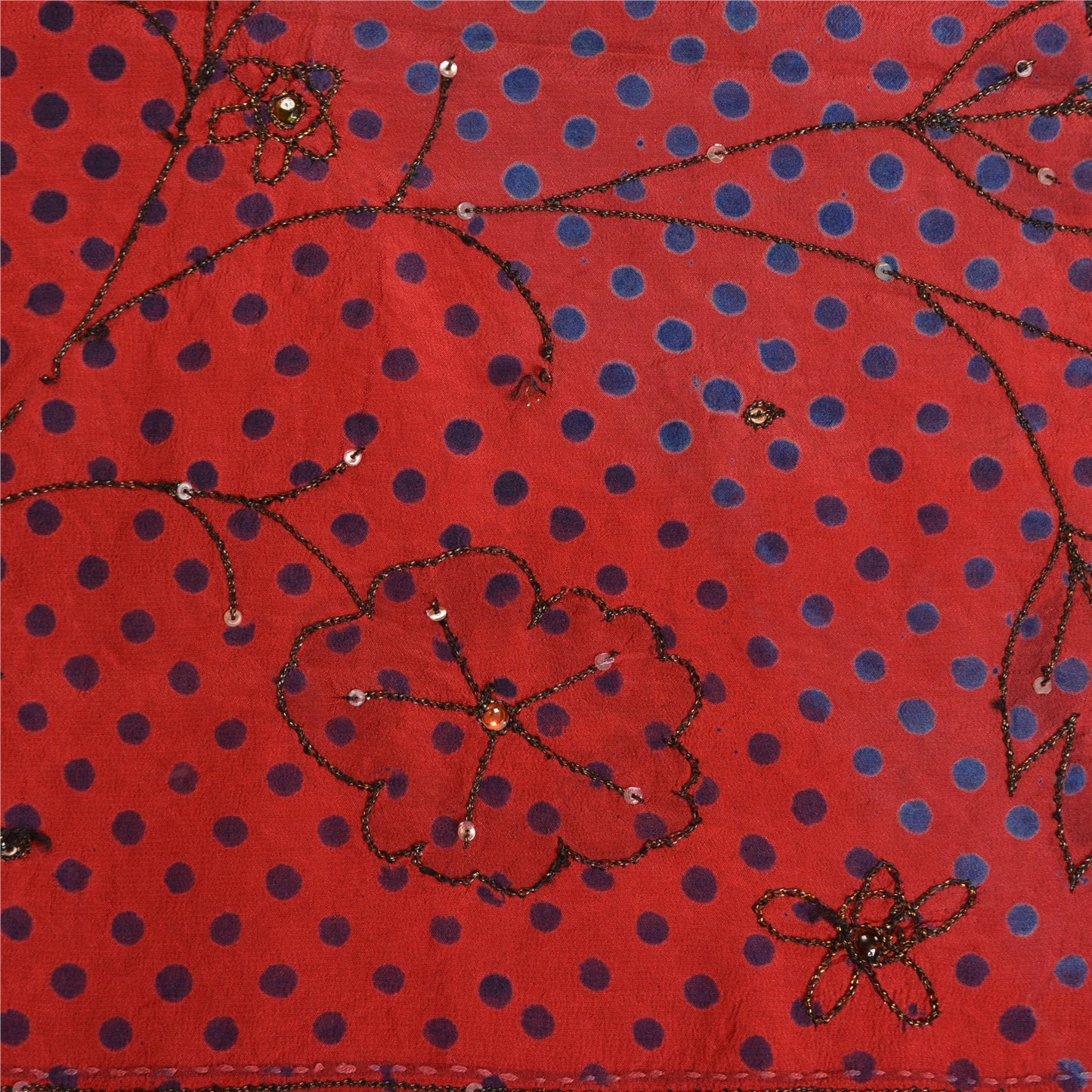 Sanskriti Vintage Sarees Red Hand Beaded Pure Crepe Silk Print Sari Craft Sustainable Fabric