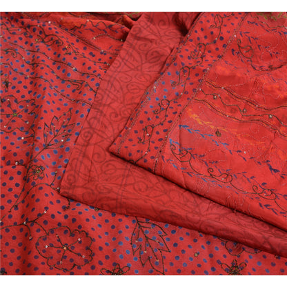 Sanskriti Vintage Sarees Red Hand Beaded Pure Crepe Silk Print Sari Craft Sustainable Fabric