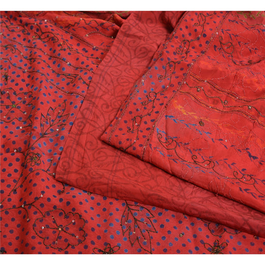 Sanskriti Vintage Sarees Red Hand Beaded Pure Crepe Silk Print Sari Craft Sustainable Fabric