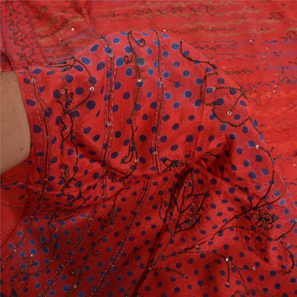 Sanskriti Vintage Sarees Red Hand Beaded Pure Crepe Silk Print Sari Craft Sustainable Fabric
