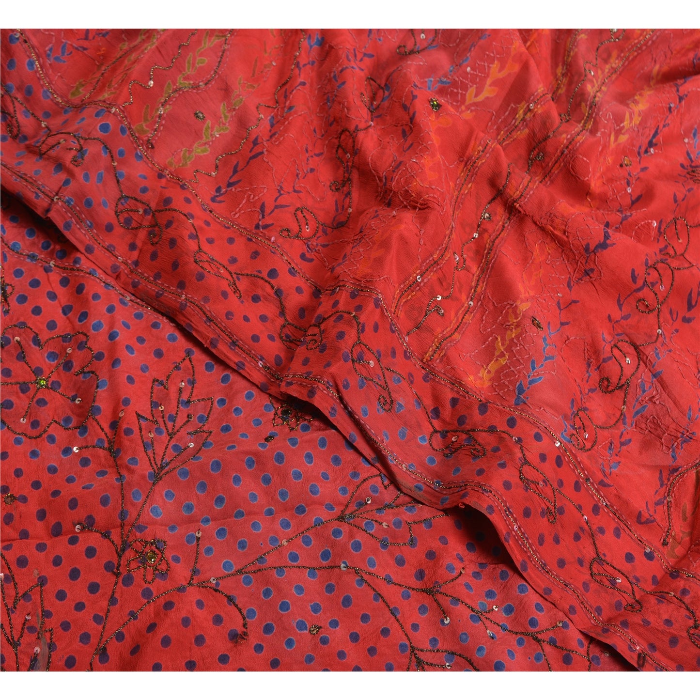 Sanskriti Vintage Sarees Red Hand Beaded Pure Crepe Silk Print Sari Craft Sustainable Fabric