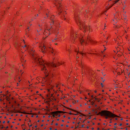 Sanskriti Vintage Sarees Red Hand Beaded Pure Crepe Silk Print Sari Craft Sustainable Fabric