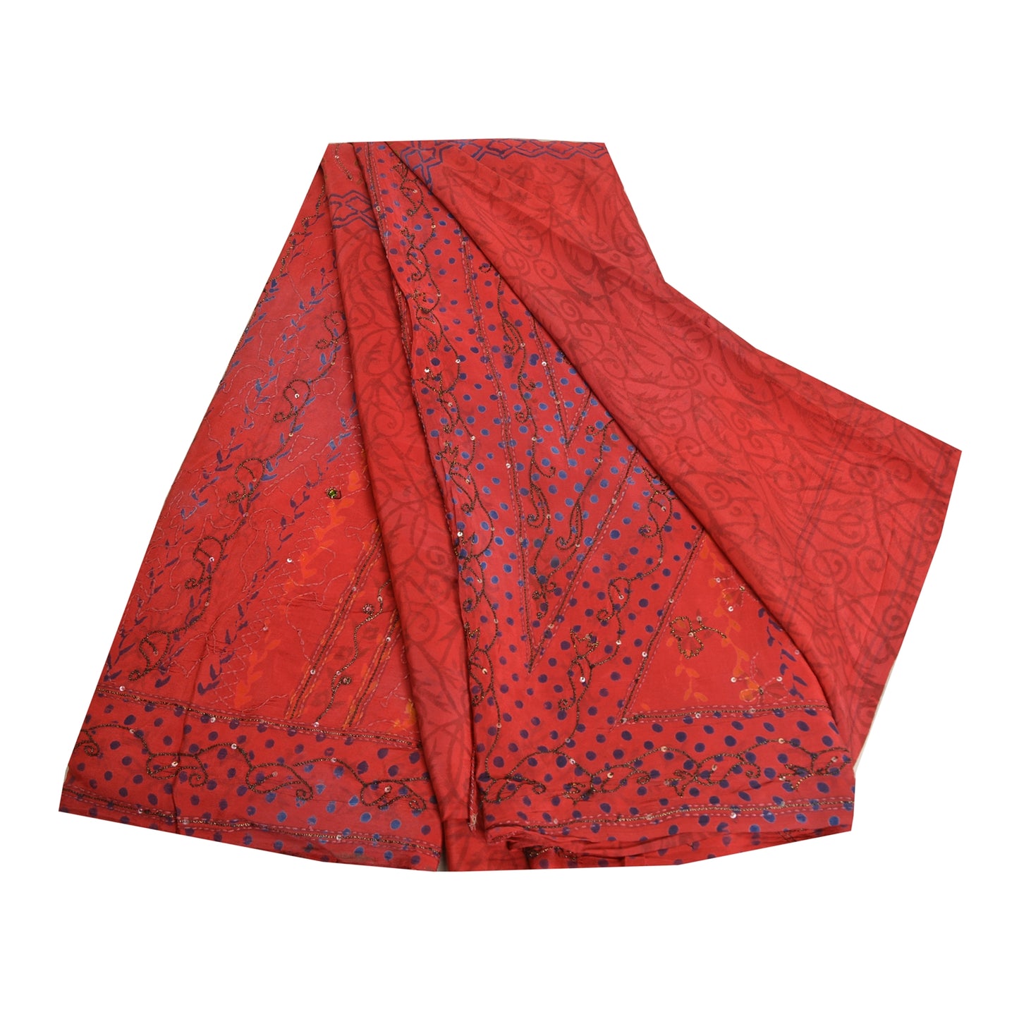 Sanskriti Vintage Sarees Red Hand Beaded Pure Crepe Silk Print Sari Craft Sustainable Fabric