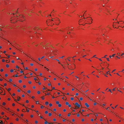 Sanskriti Vintage Sarees Red Hand Beaded Pure Crepe Silk Print Sari Craft Sustainable Fabric