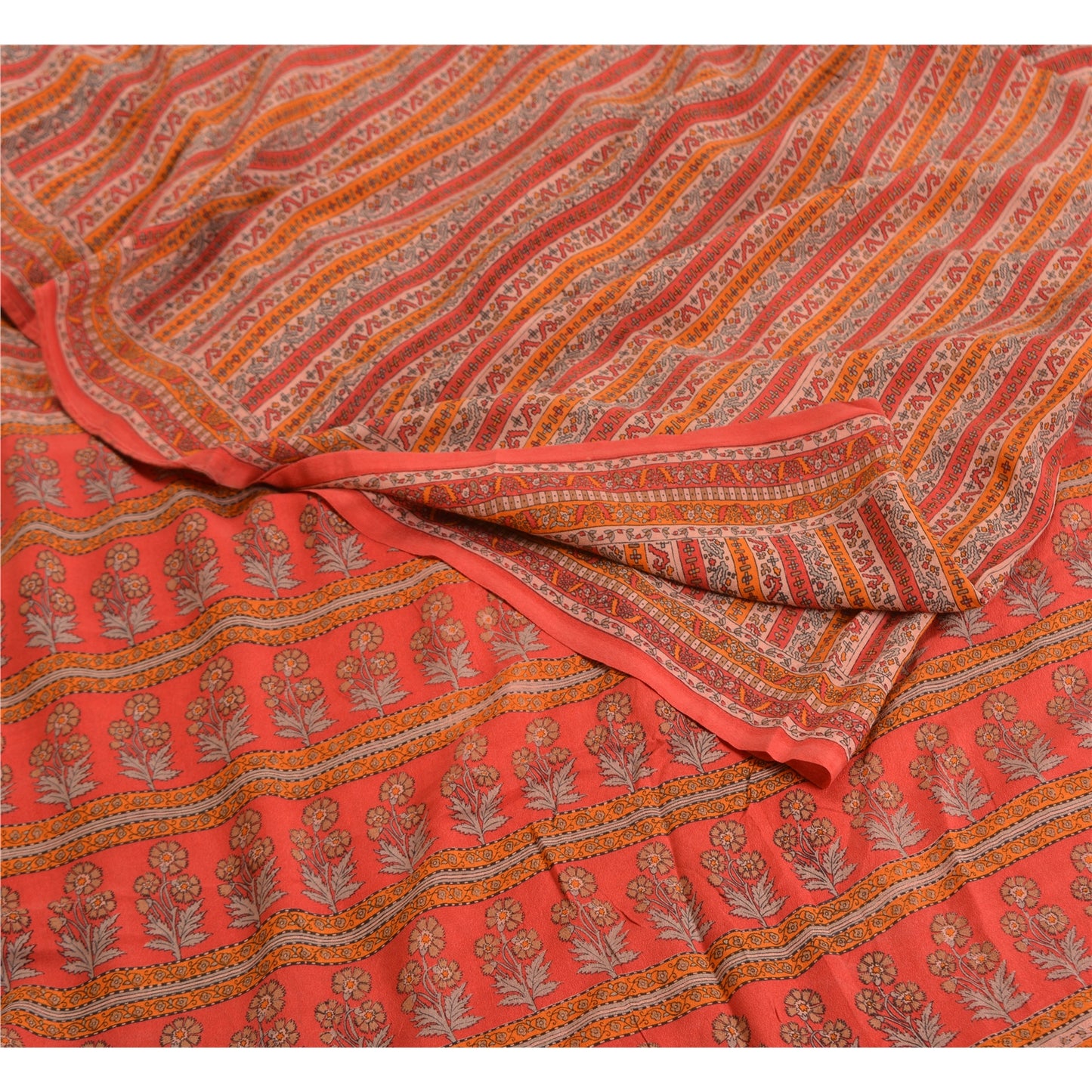 Sanskriti Vintage Sarees Red 100% Pure Crepe Silk Printed Sari Soft Craft Sustainable Fabric