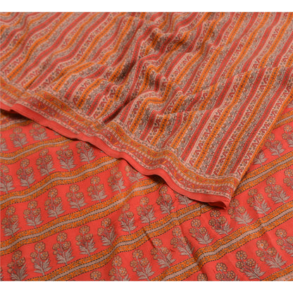 Sanskriti Vintage Sarees Red 100% Pure Crepe Silk Printed Sari Soft Craft Sustainable Fabric