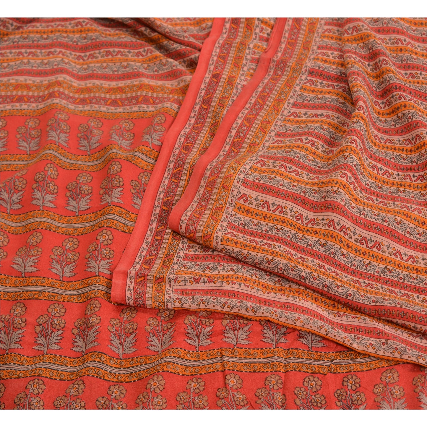 Sanskriti Vintage Sarees Red 100% Pure Crepe Silk Printed Sari Soft Craft Sustainable Fabric