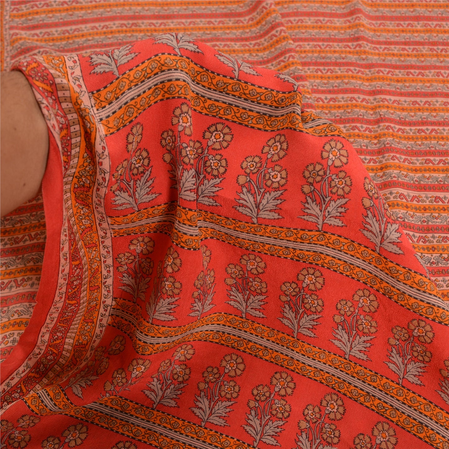 Sanskriti Vintage Sarees Red 100% Pure Crepe Silk Printed Sari Soft Craft Sustainable Fabric