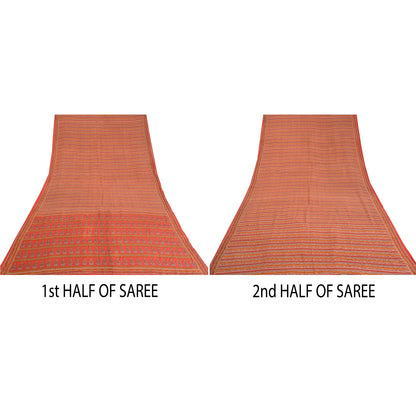 Sanskriti Vintage Sarees Red 100% Pure Crepe Silk Printed Sari Soft Craft Sustainable Fabric