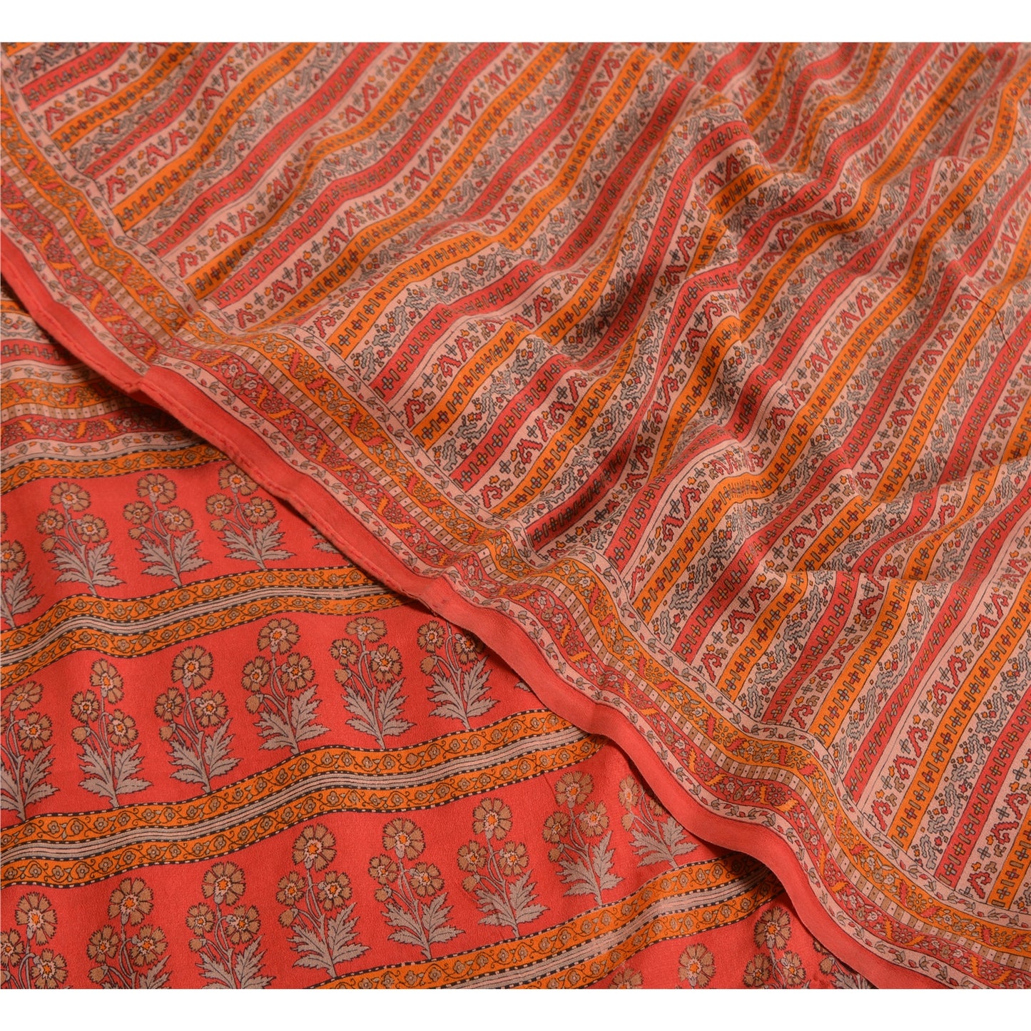Sanskriti Vintage Sarees Red 100% Pure Crepe Silk Printed Sari Soft Craft Sustainable Fabric