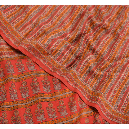 Sanskriti Vintage Sarees Red 100% Pure Crepe Silk Printed Sari Soft Craft Sustainable Fabric