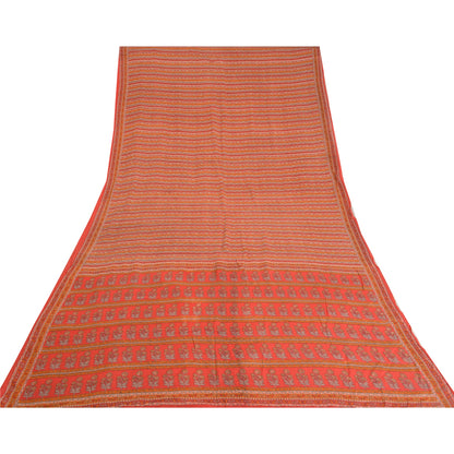 Sanskriti Vintage Sarees Red 100% Pure Crepe Silk Printed Sari Soft Craft Sustainable Fabric