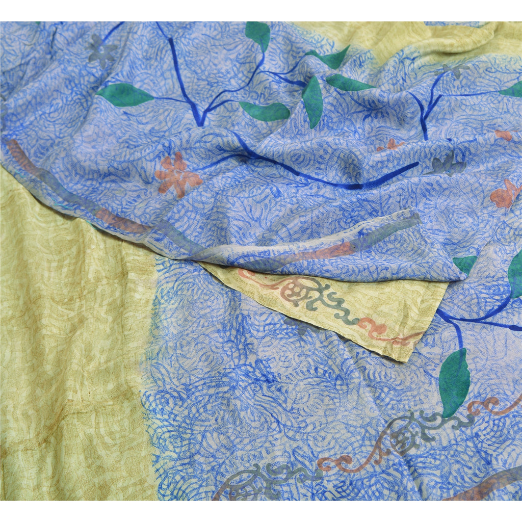 Сари в винтажном стиле на санскрите, зеленое/синее, чистый крепированный шелк, напечатанное сари, ремесло, устойчивая ткань