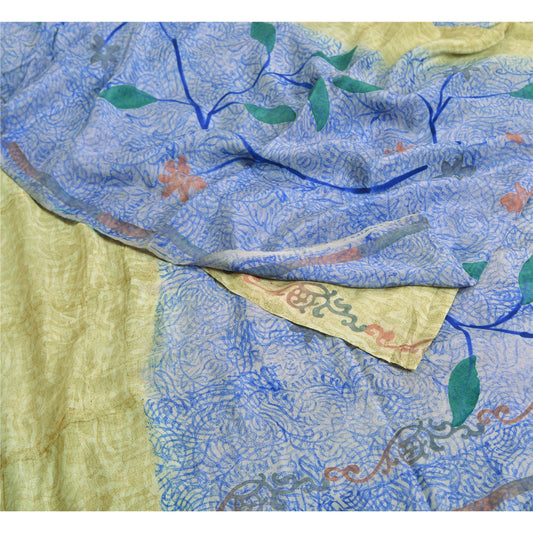 Сари в винтажном стиле на санскрите, зеленое/синее, чистый крепированный шелк, напечатанное сари, ремесло, устойчивая ткань