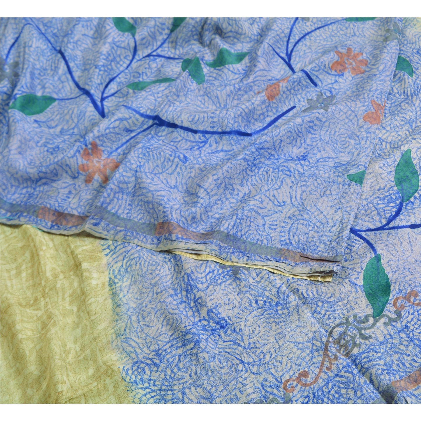 Сари в винтажном стиле на санскрите, зеленое/синее, чистый крепированный шелк, напечатанное сари, ремесло, устойчивая ткань