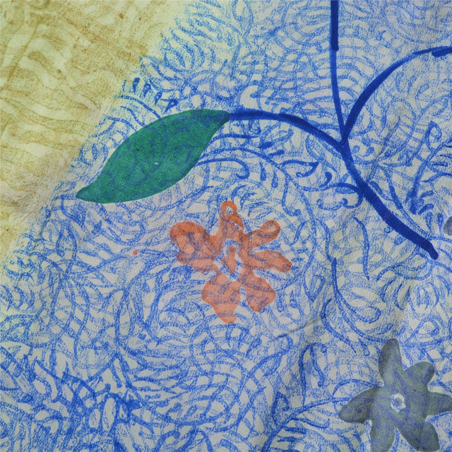 Сари в винтажном стиле на санскрите, зеленое/синее, чистый крепированный шелк, напечатанное сари, ремесло, устойчивая ткань