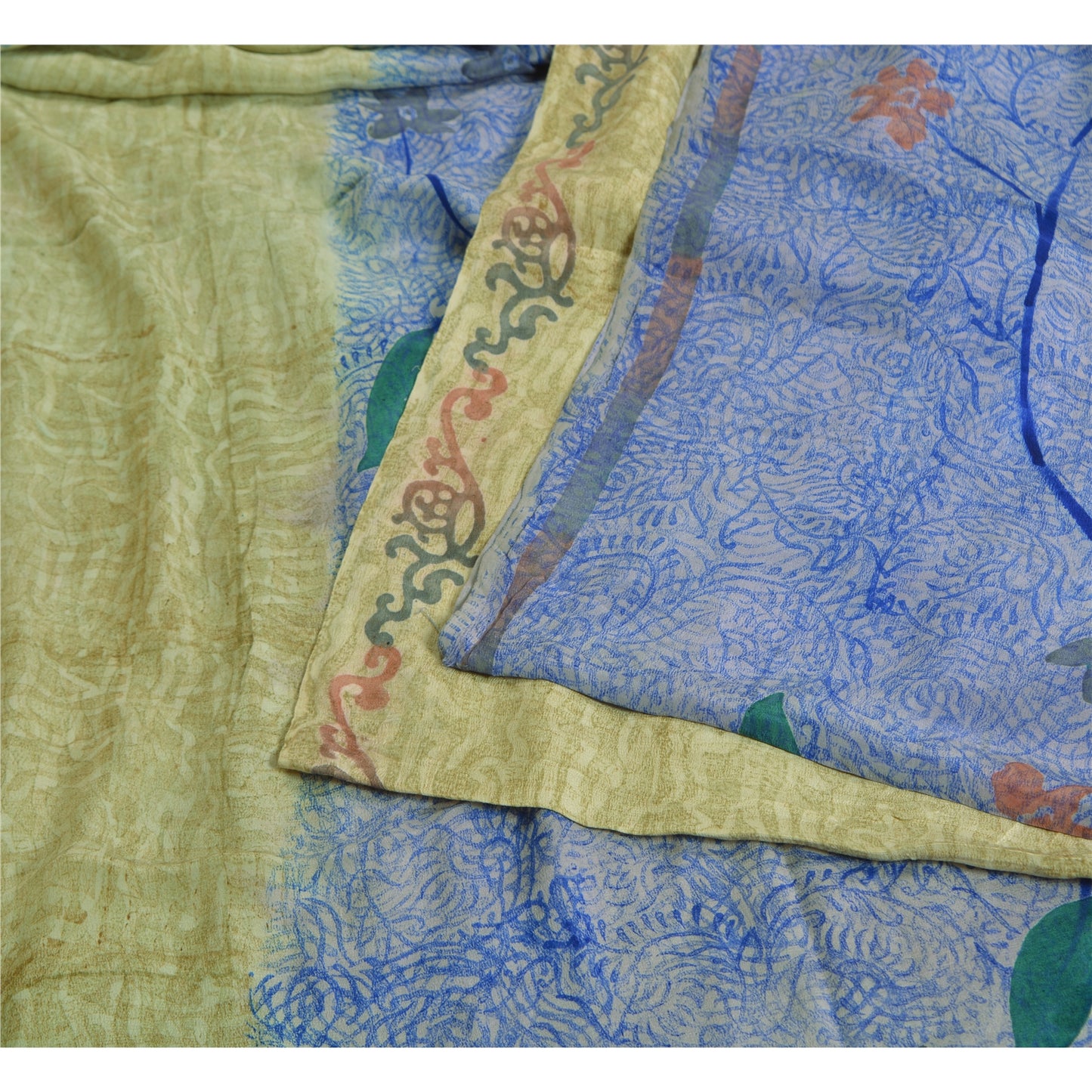 Сари в винтажном стиле на санскрите, зеленое/синее, чистый крепированный шелк, напечатанное сари, ремесло, устойчивая ткань