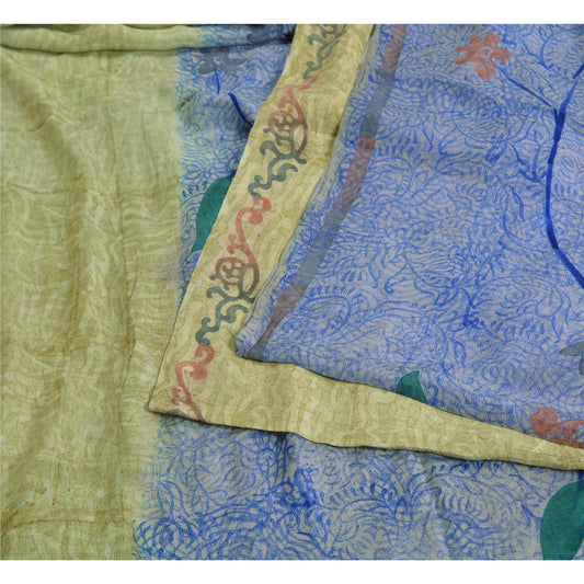 Сари в винтажном стиле на санскрите, зеленое/синее, чистый крепированный шелк, напечатанное сари, ремесло, устойчивая ткань