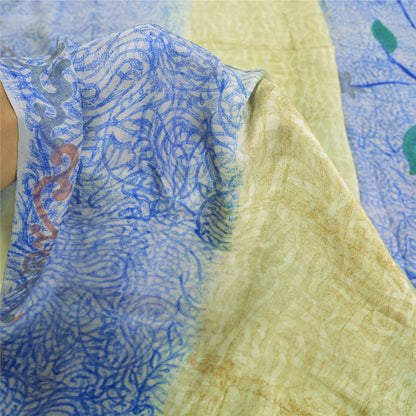 Сари в винтажном стиле на санскрите, зеленое/синее, чистый крепированный шелк, напечатанное сари, ремесло, устойчивая ткань