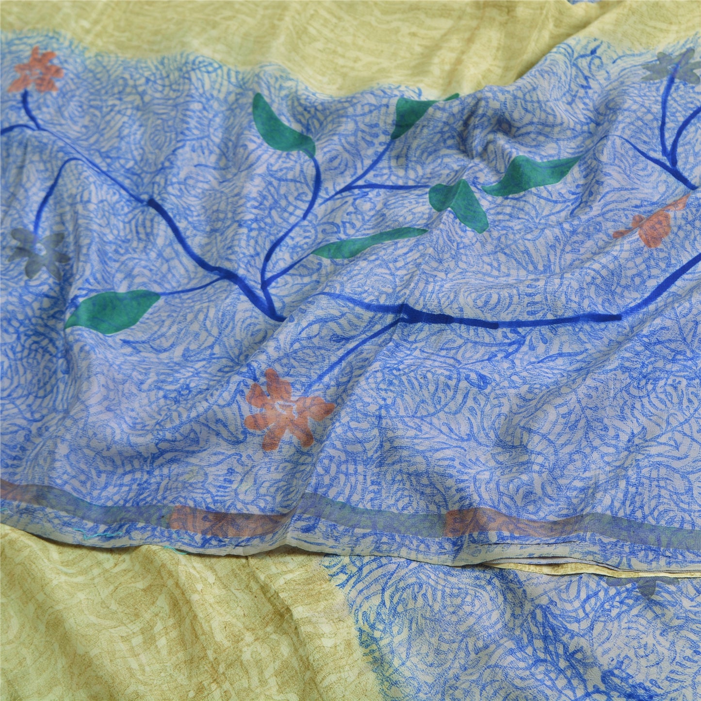 Сари в винтажном стиле на санскрите, зеленое/синее, чистый крепированный шелк, напечатанное сари, ремесло, устойчивая ткань