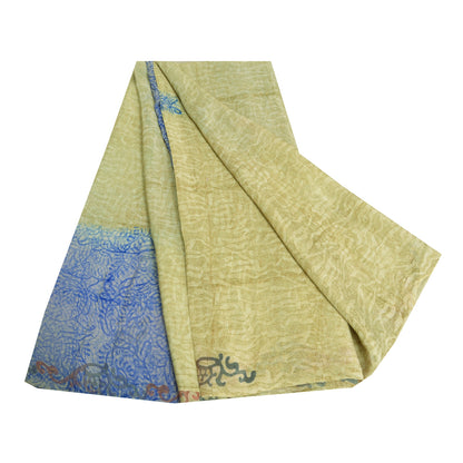 Сари в винтажном стиле на санскрите, зеленое/синее, чистый крепированный шелк, напечатанное сари, ремесло, устойчивая ткань