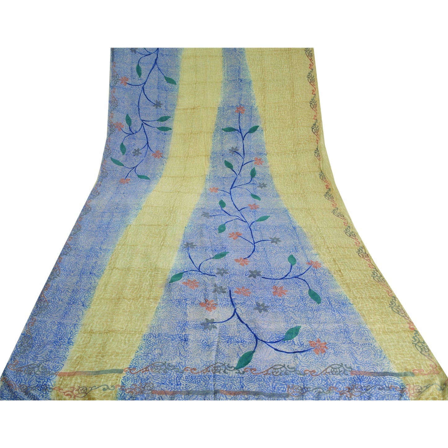 Сари в винтажном стиле на санскрите, зеленое/синее, чистый крепированный шелк, напечатанное сари, ремесло, устойчивая ткань