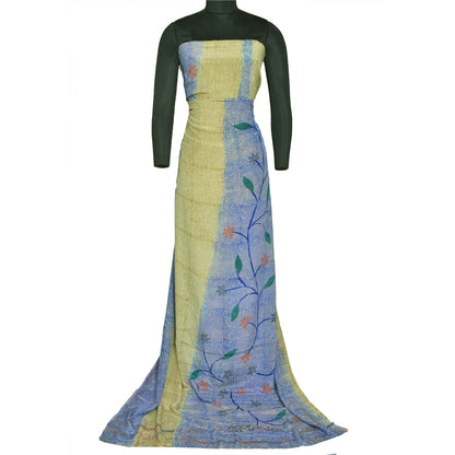 Сари в винтажном стиле на санскрите, зеленое/синее, чистый крепированный шелк, напечатанное сари, ремесло, устойчивая ткань