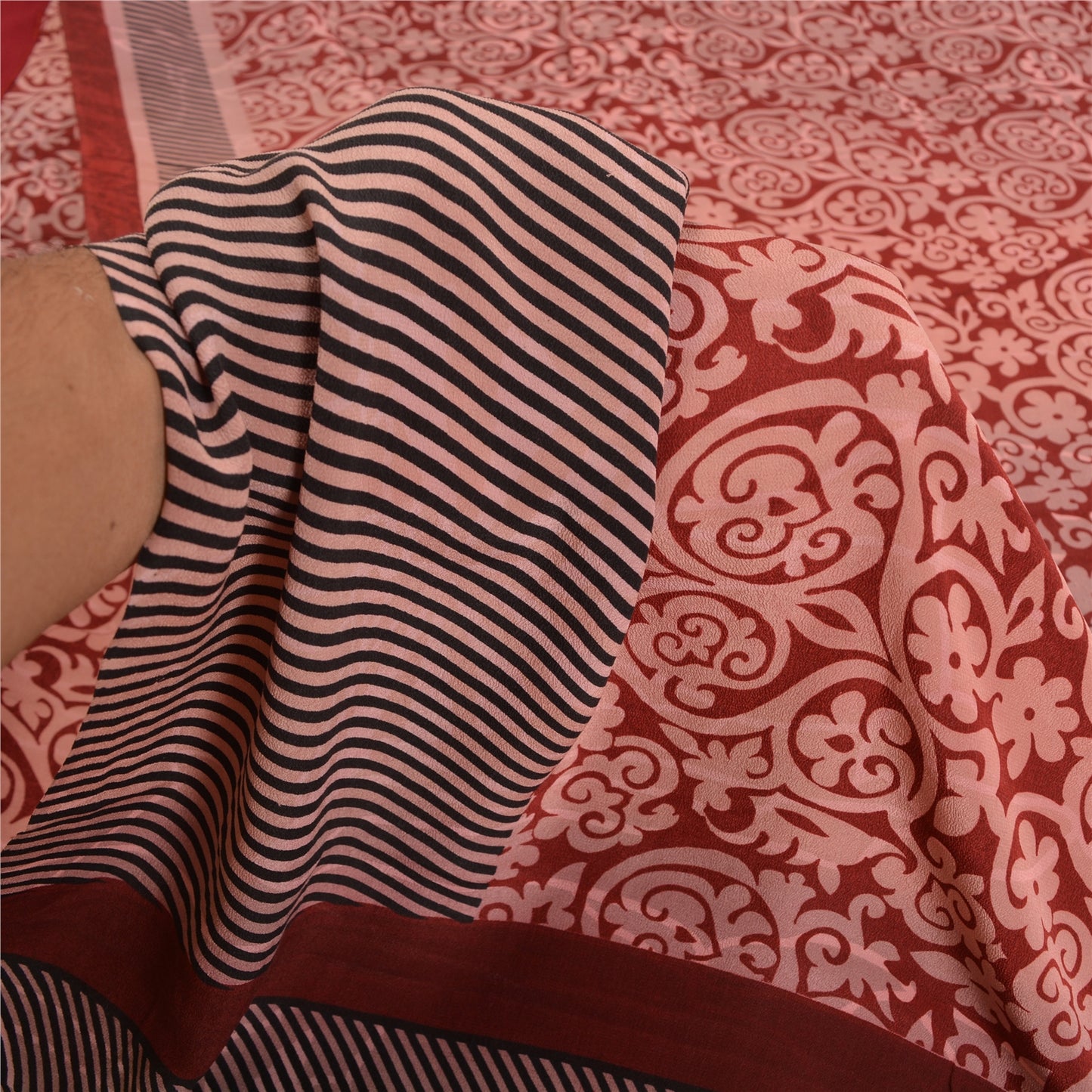 Sanskriti Vintage Sarees Red Pure Crepe Silk Printed Sari Floral Craft Sustainable Fabric