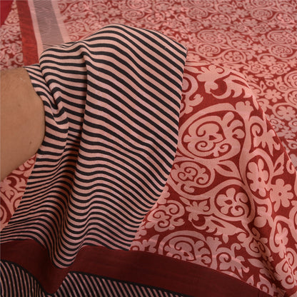 Sanskriti Vintage Sarees Red Pure Crepe Silk Printed Sari Floral Craft Sustainable Fabric