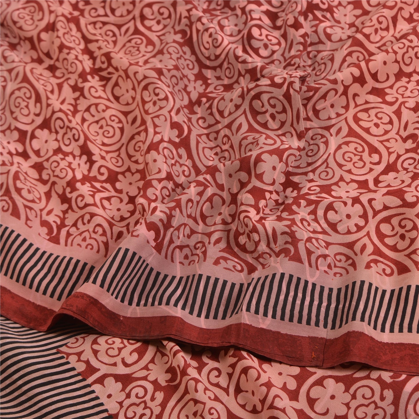 Sanskriti Vintage Sarees Red Pure Crepe Silk Printed Sari Floral Craft Sustainable Fabric