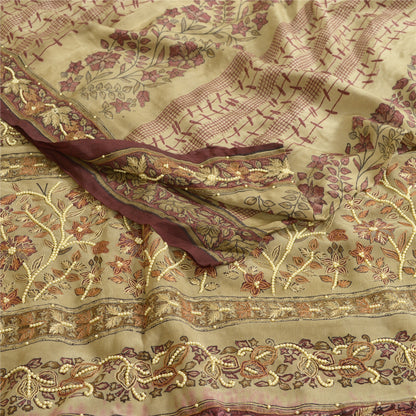 Sanskriti Vintage Sarees Ivory/Purple Hand Beaded Pure Crepe Sari Craft Sustainable Fabric