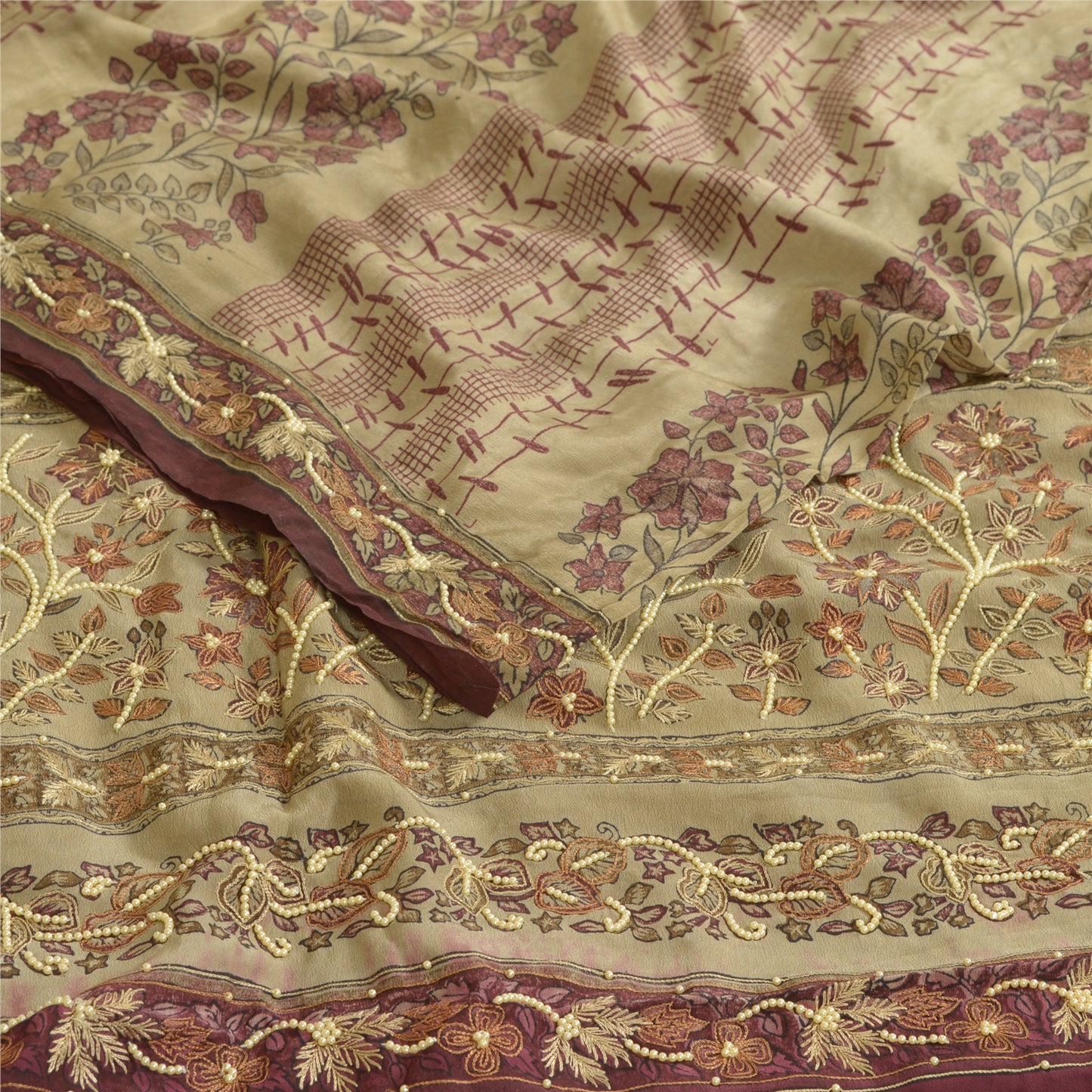 Sanskriti Vintage Sarees Ivory/Purple Hand Beaded Pure Crepe Sari Craft Sustainable Fabric