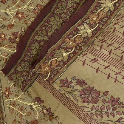 Sanskriti Vintage Sarees Ivory/Purple Hand Beaded Pure Crepe Sari Craft Sustainable Fabric