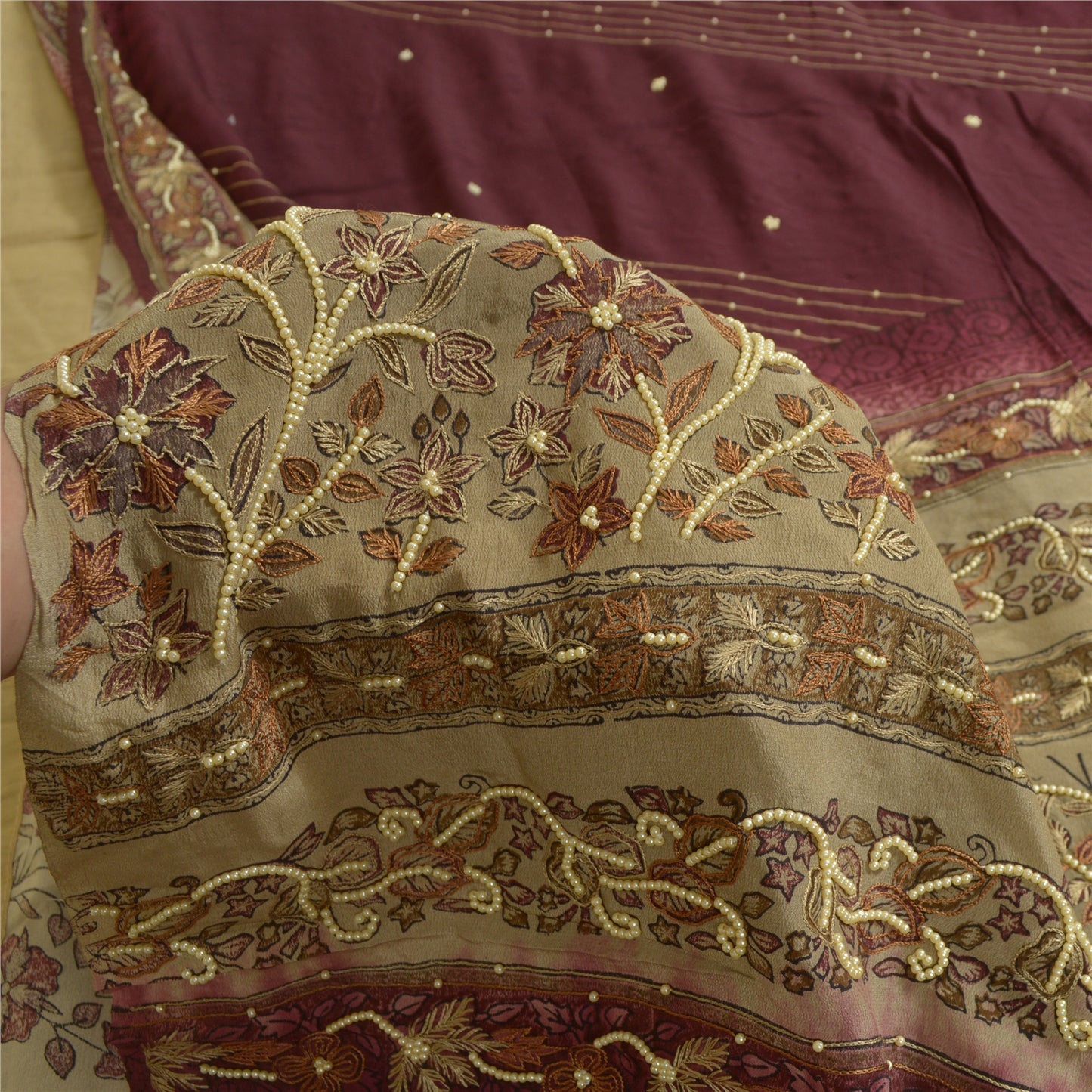 Sanskriti Vintage Sarees Ivory/Purple Hand Beaded Pure Crepe Sari Craft Sustainable Fabric