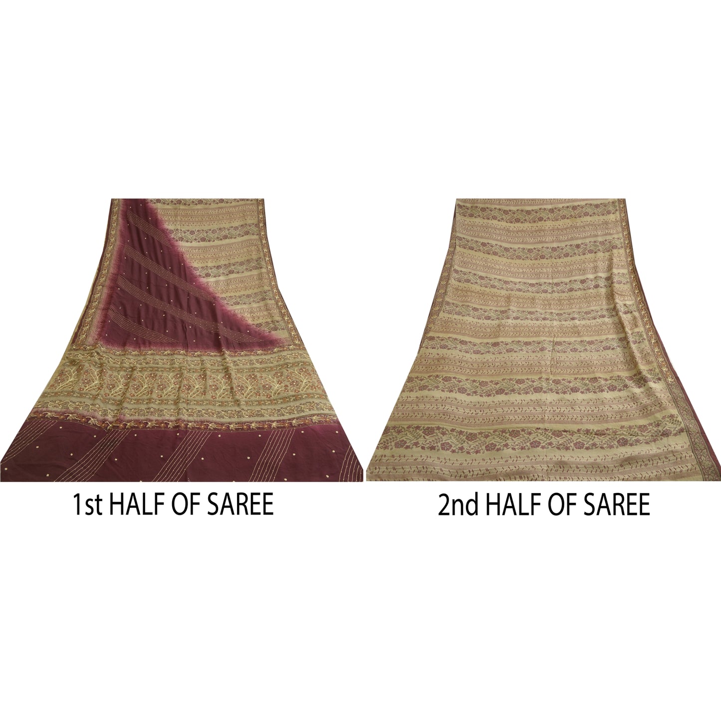 Sanskriti Vintage Sarees Ivory/Purple Hand Beaded Pure Crepe Sari Craft Sustainable Fabric