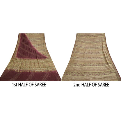 Sanskriti Vintage Sarees Ivory/Purple Hand Beaded Pure Crepe Sari Craft Sustainable Fabric