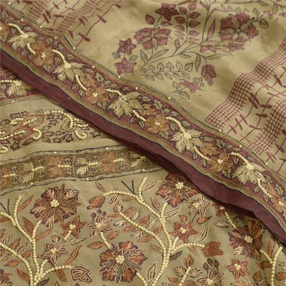 Sanskriti Vintage Sarees Ivory/Purple Hand Beaded Pure Crepe Sari Craft Sustainable Fabric