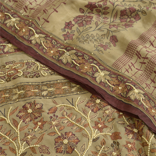 Sanskriti Vintage Sarees Elfenben/Lilla Håndperlet Ren Crepe Sari Håndlavet Bæredygtigt Stof