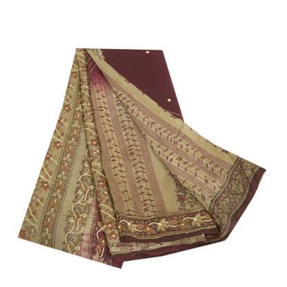 Sanskriti Vintage Sarees Ivory/Purple Hand Beaded Pure Crepe Sari Craft Sustainable Fabric