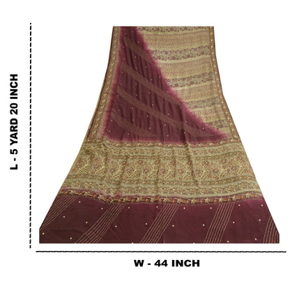 Sanskriti Vintage Sarees Ivory/Purple Hand Beaded Pure Crepe Sari Craft Sustainable Fabric