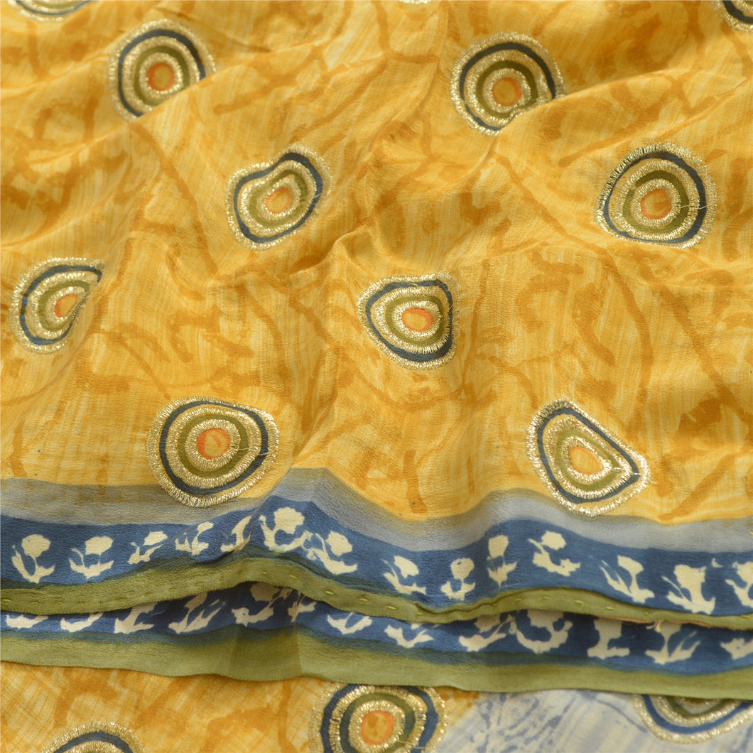 Sanskriti Vintage Sarees Multi Embroidered Pure Crepe Silk Sari 5yd Craft Fabric