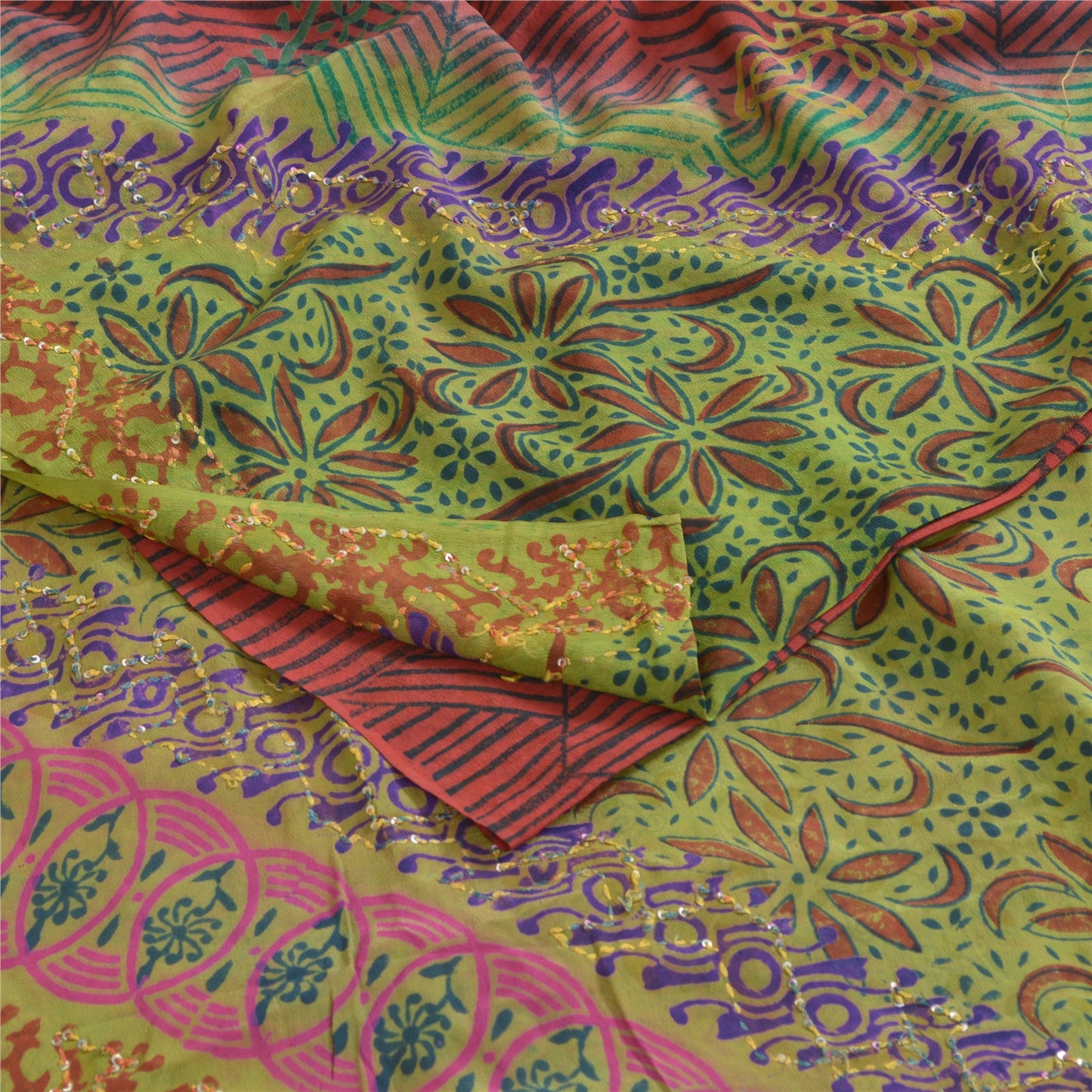 Sanskriti Vintage Sarees Red/Green Hand Bead Pure Crepe Print Sari Craft Sustainable Fabric