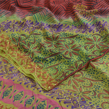 Sanskriti Vintage Sarees Red/Green Hand Bead Pure Crepe Print Sari Craft Sustainable Fabric