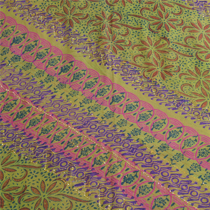 Sanskriti Vintage Sarees Red/Green Hand Bead Pure Crepe Print Sari Craft Sustainable Fabric