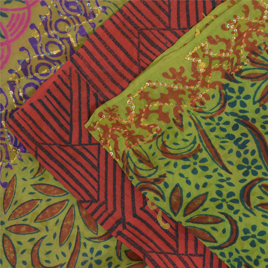 Sanskriti Vintage Sarees Red/Green Hand Bead Pure Crepe Print Sari Craft Sustainable Fabric